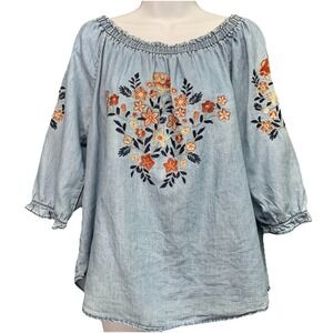 Westport Women's Size L Chambray Floral Off The Shoulder Top Embroidered Western